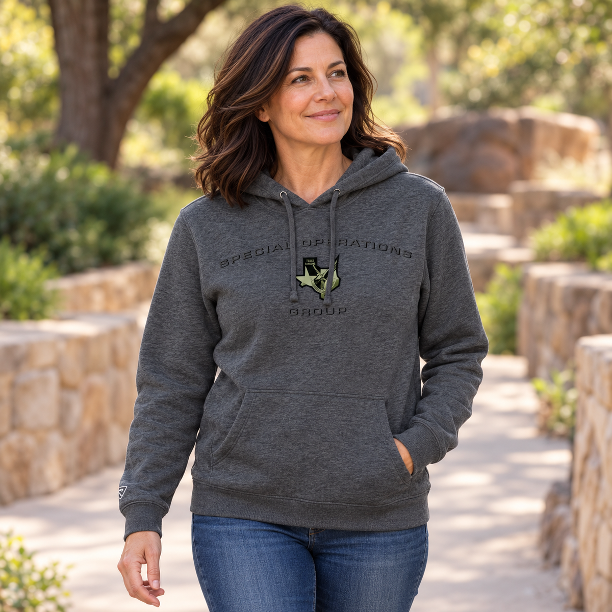 Lifestyle view of Texas Rangers SOG Shadow Hoodie outdoors.