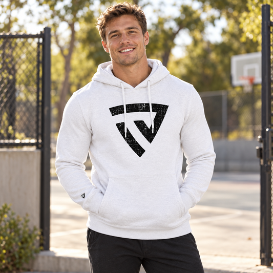 Men's Built For Battle Hoodie worn by an adult man in a sunlit neighborhood basketball court entrance with muted concrete and trees; front view.