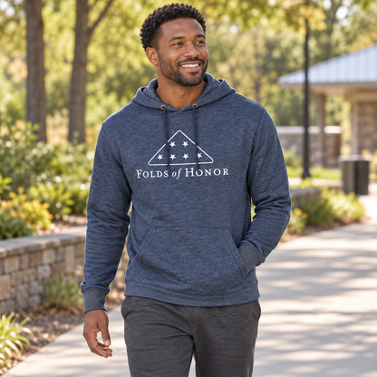 Men's Folds of Honor Heathered Hoodie worn by an adult man outdoors; front view.