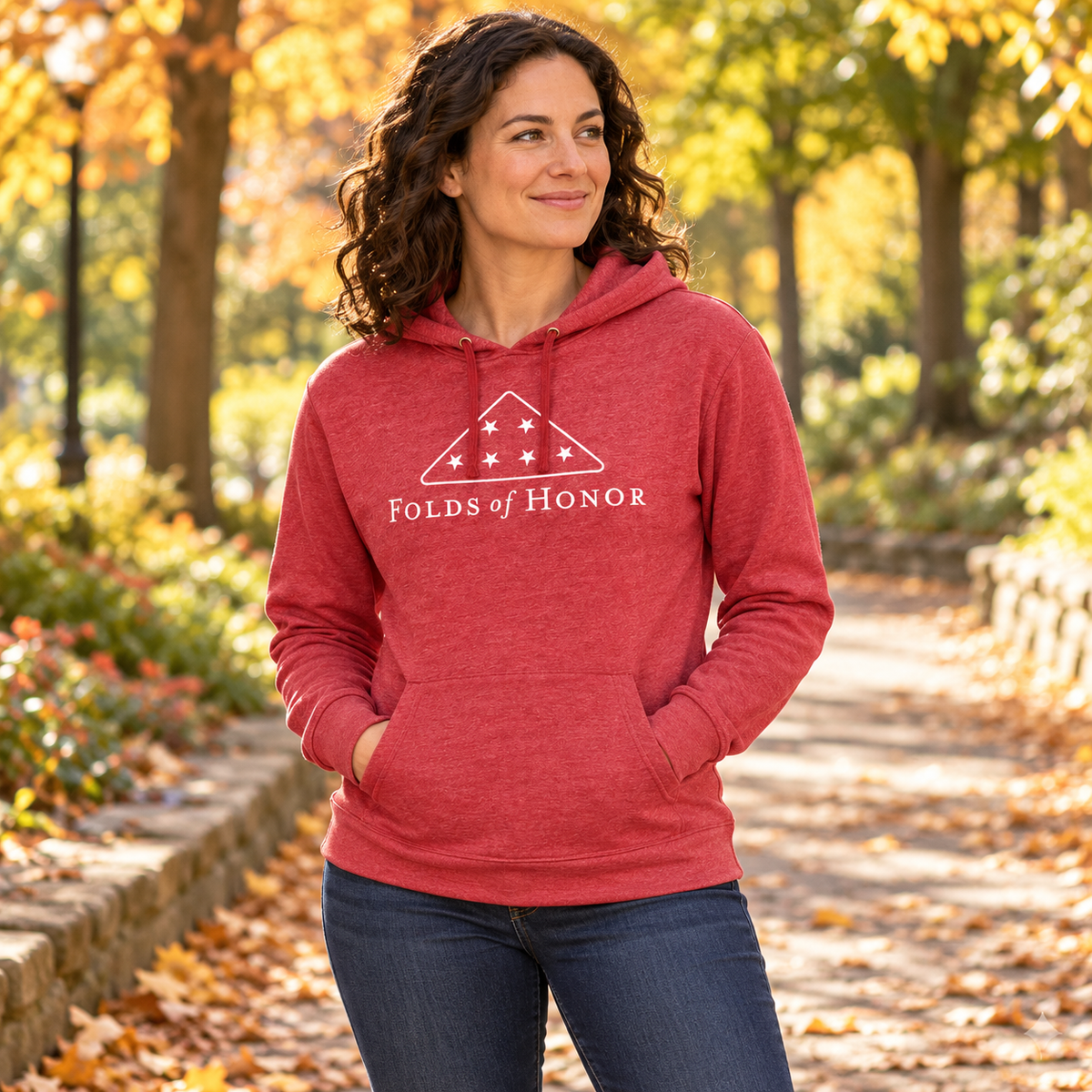 Women's Folds of Honor Heathered Hoodie worn by an adult woman outdoors; front view.