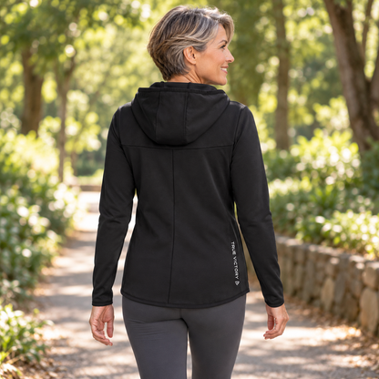 Rear view of the Women's True Victory Elite Black Full-Zip jacket with lower-right logo detail