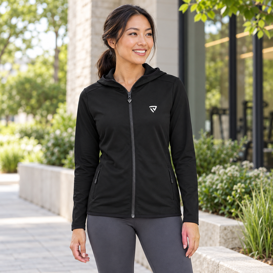 Woman wearing the Women's True Victory Elite Black Full-Zip jacket on a landscaped walkway