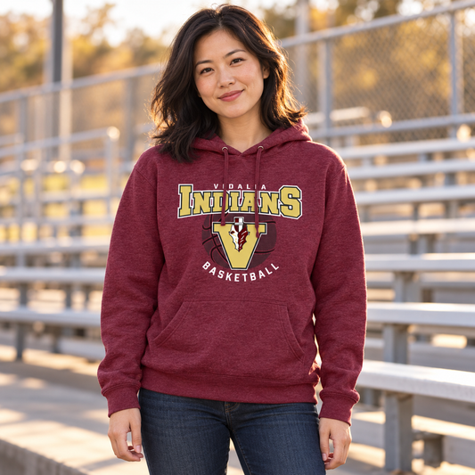 Woman wearing the Vidalia Basketball Hoodie in maroon