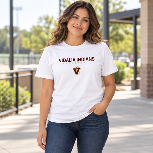 Woman wearing the Vidalia basketball travel tee in white