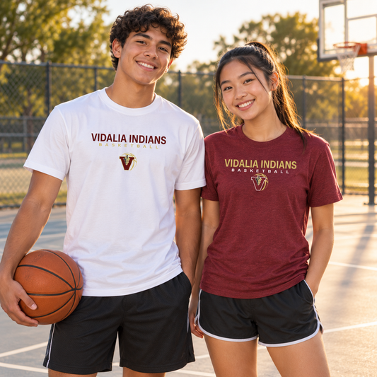 High-school-age boy and girl wearing Vidalia Basketball Travel Tees in white and maroon