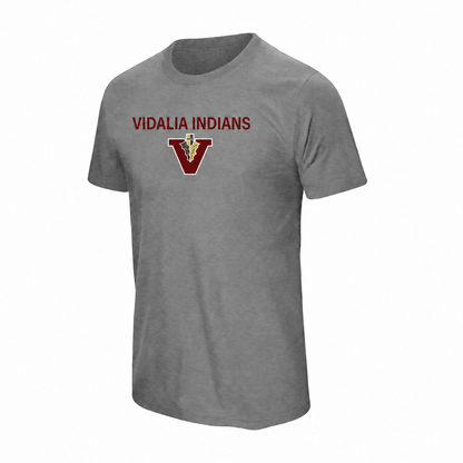 Vidalia Indians Tee in heather gray, front, Vidalia Indians lettering and V-and-spear graphic