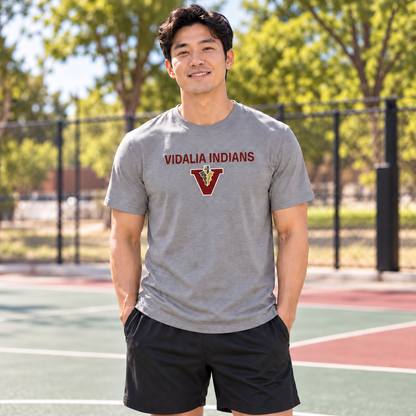 Man wearing the unisex Vidalia Indians Tee in heather gray with Vidalia Indians lettering and V-and-spear graphics