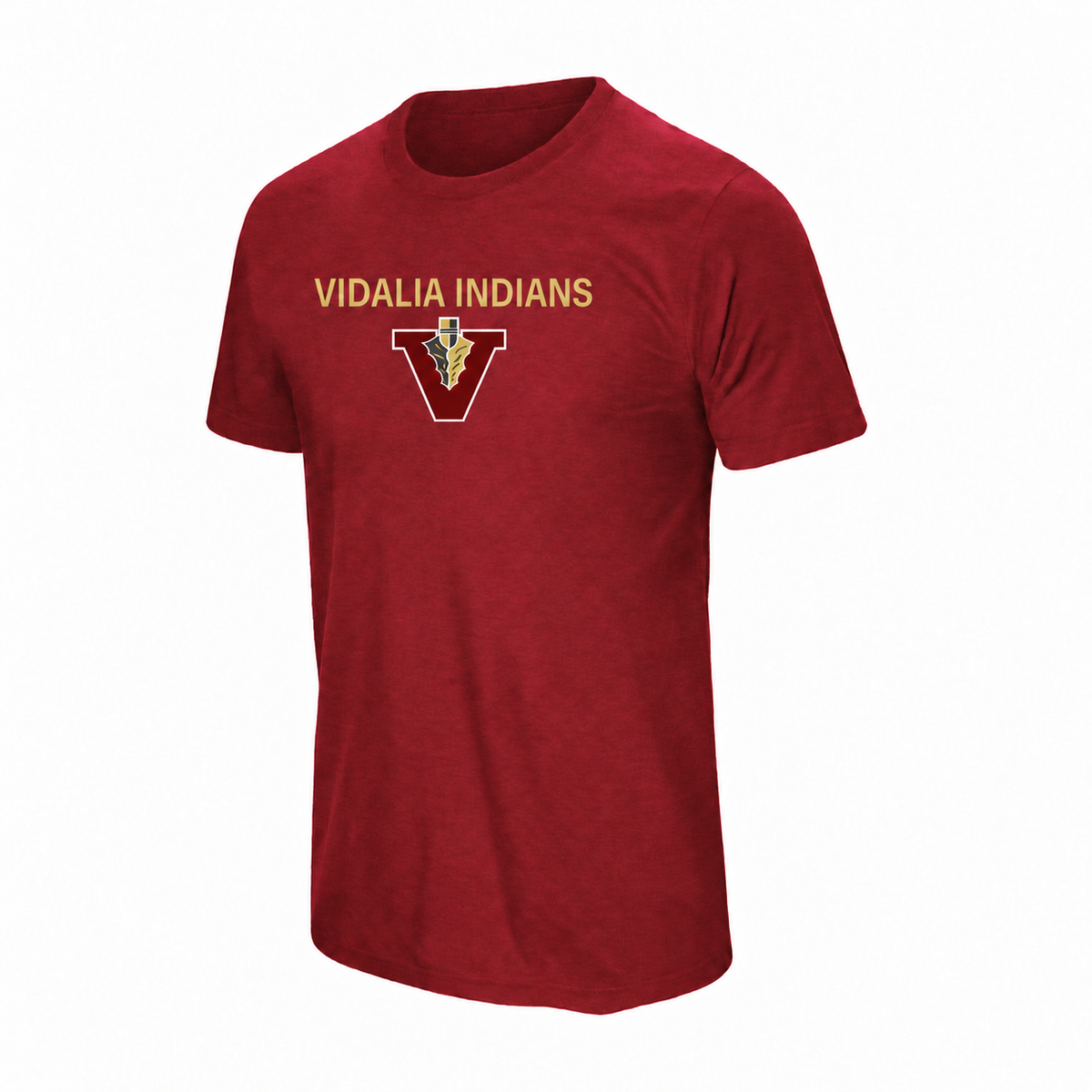 Vidalia Indians Tee in maroon, front, Vidalia Indians lettering and V-and-spear graphic