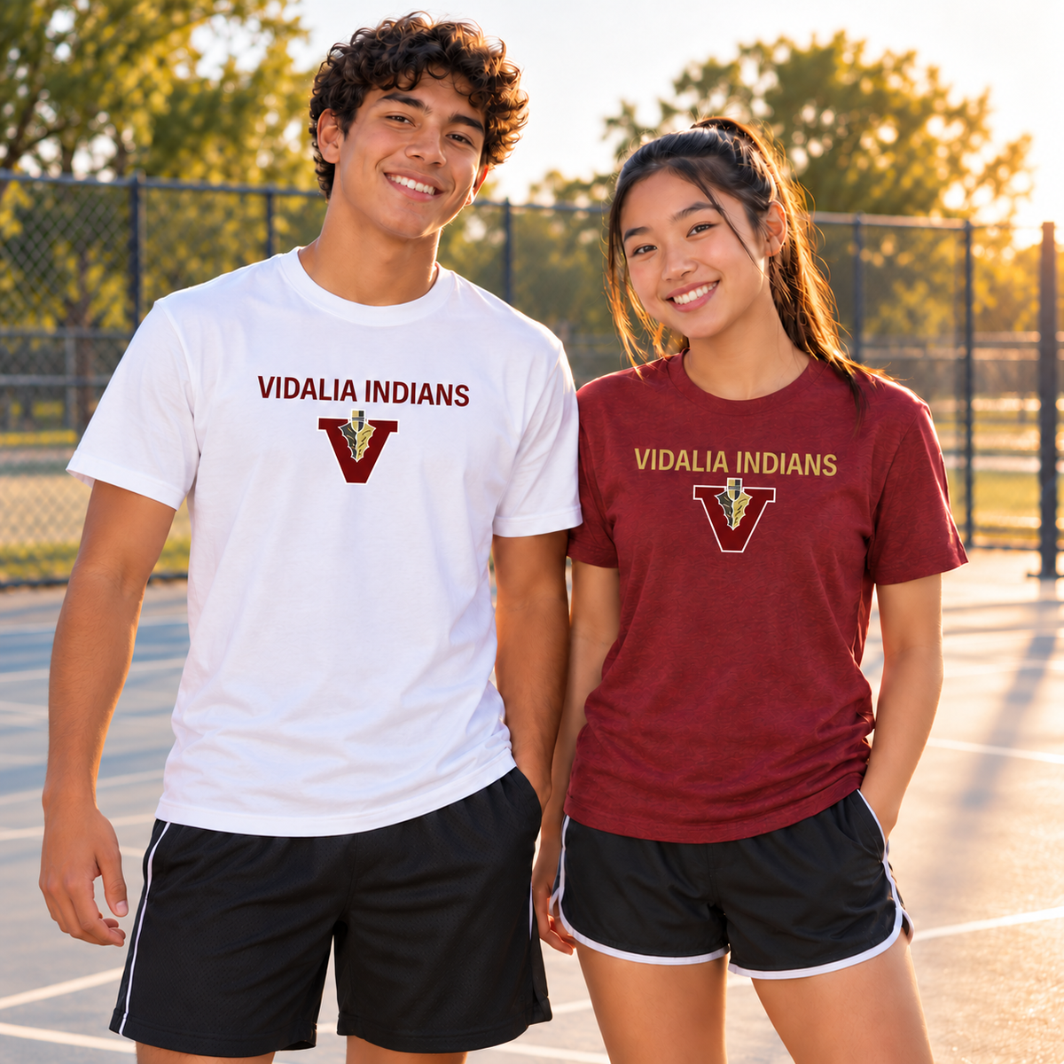 High-school-age boy and girl wearing the unisex Vidalia Indians Tee in white and maroon with Vidalia Indians lettering and V-and-spear graphics