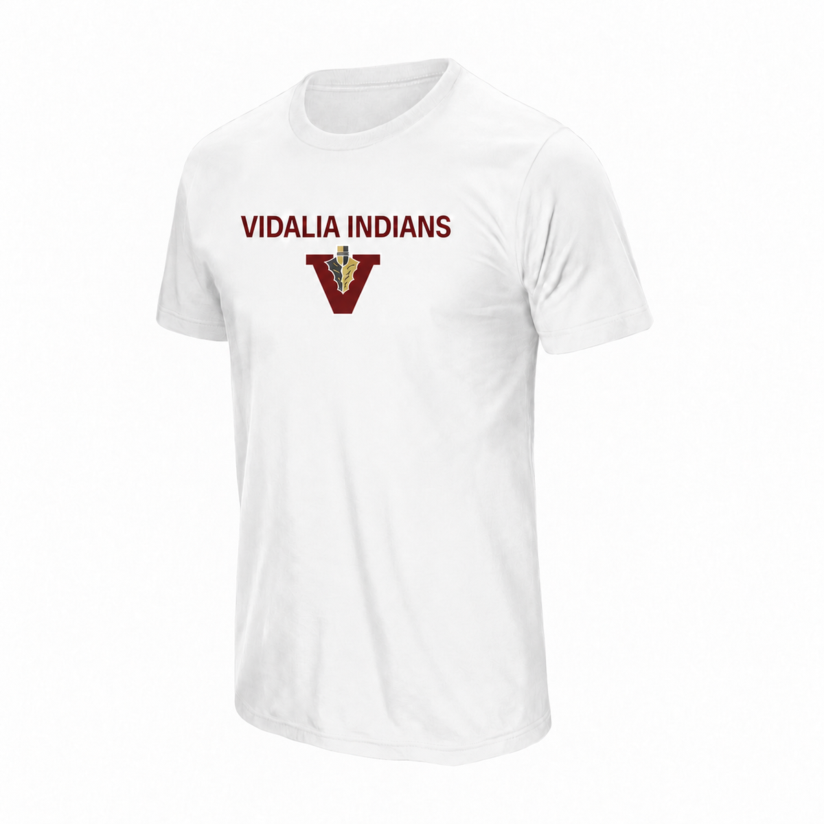 Vidalia Indians Tee in white, front, Vidalia Indians lettering and V-and-spear graphic