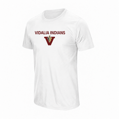 Vidalia Indians Tee in white, front, Vidalia Indians lettering and V-and-spear graphic