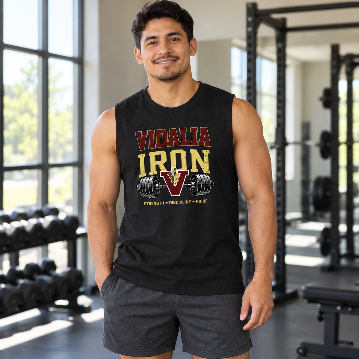 Man wearing the Vidalia iron muscle tank in black