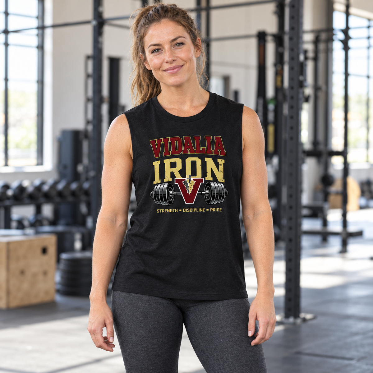 Woman wearing the Vidalia iron muscle tank in black