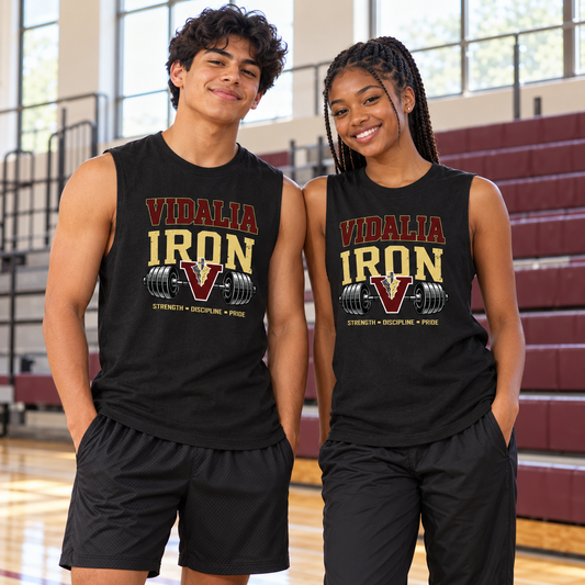 High-school-age boy and girl wearing black Vidalia Iron Muscle Tanks