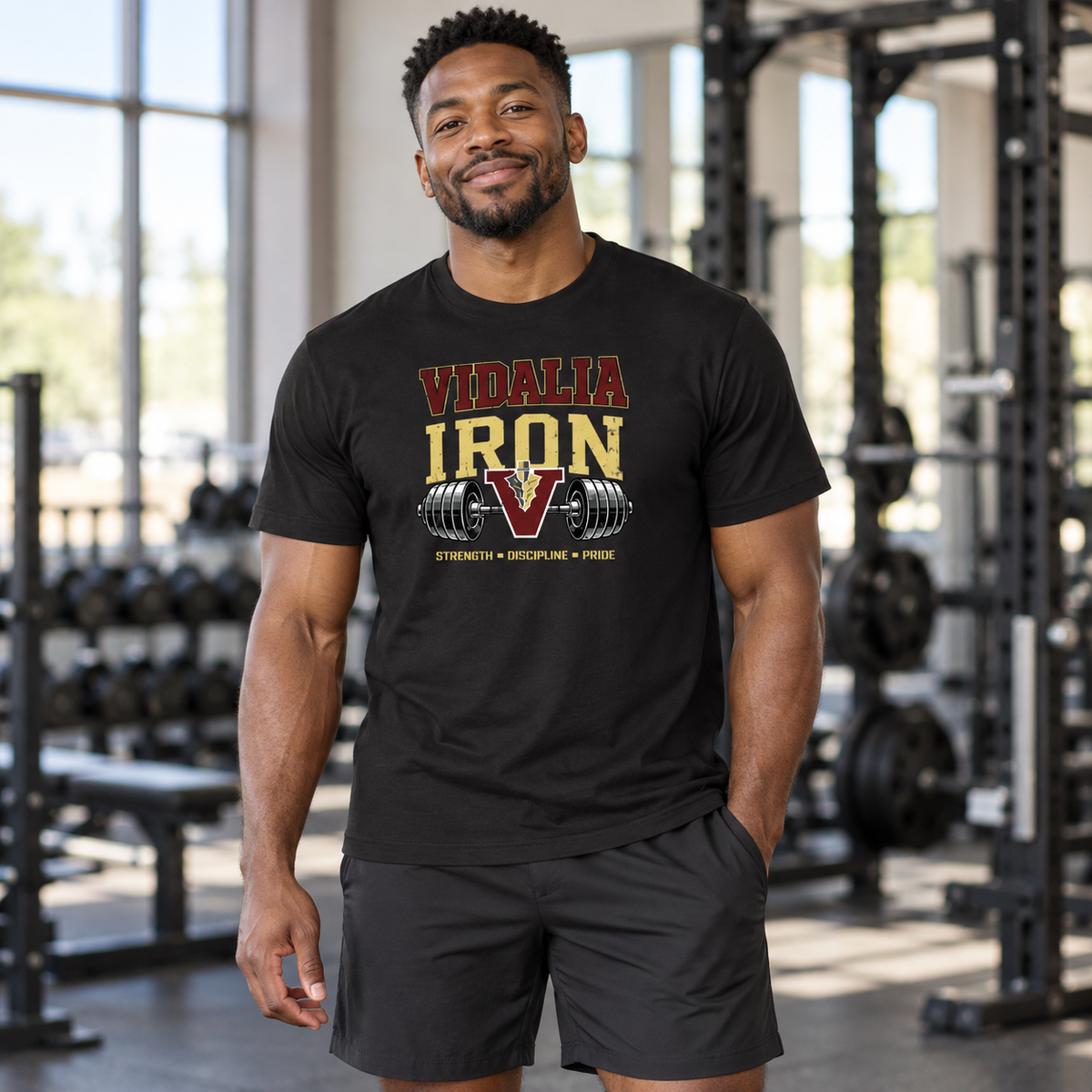 Man wearing the Vidalia iron tee in black