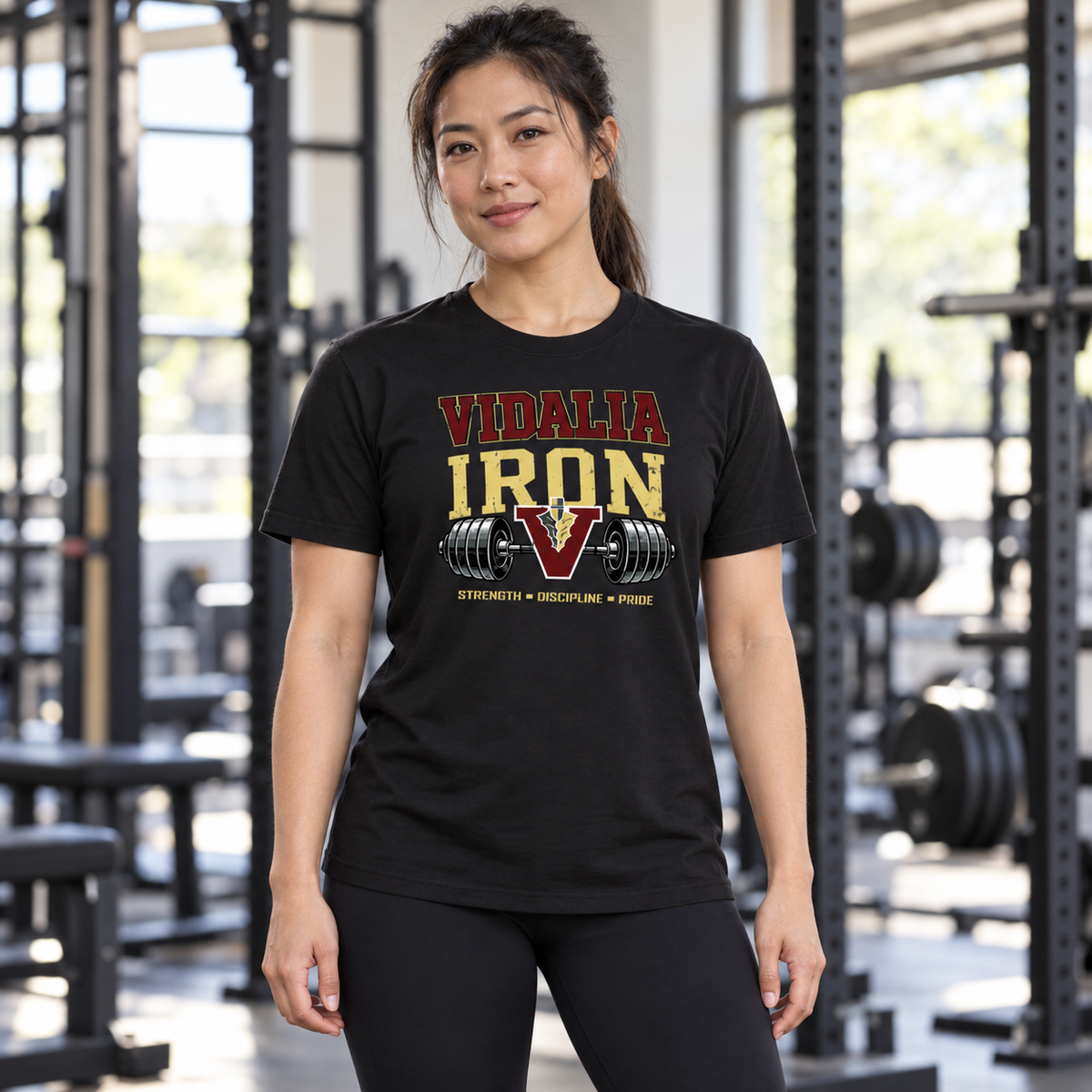 Woman wearing the Vidalia iron tee in black