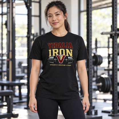 Woman wearing the Vidalia iron tee in black