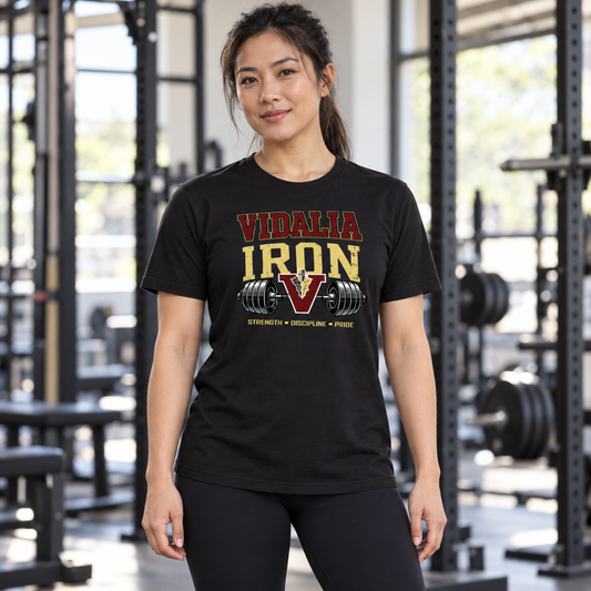 Woman wearing the Vidalia iron tee in black
