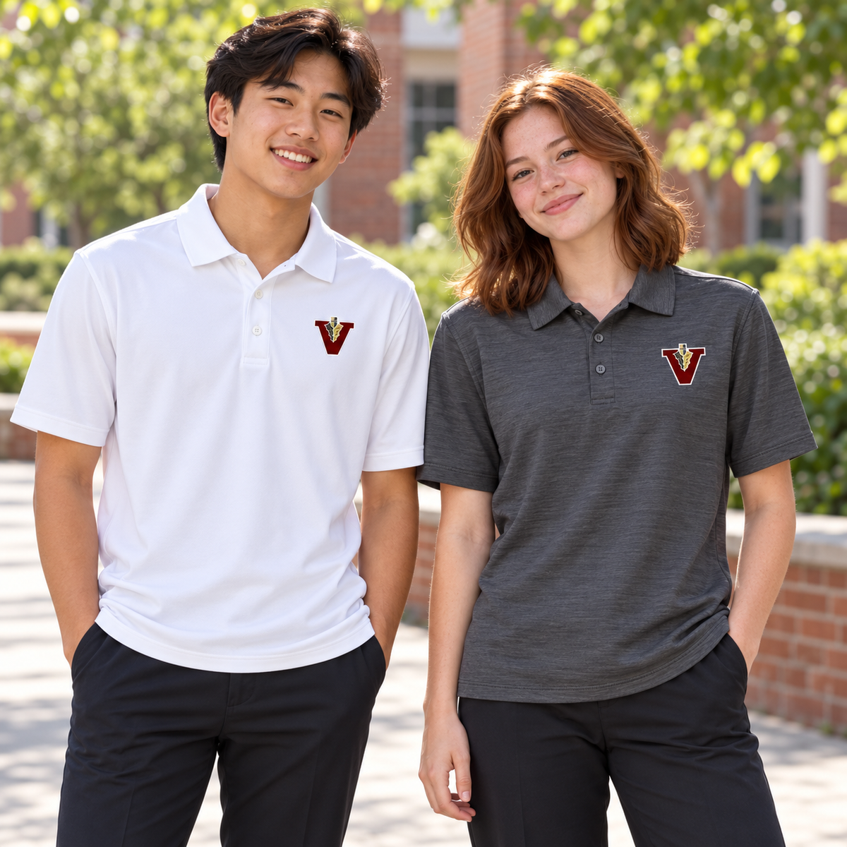 High-school-age boy and girl wearing Vidalia Classic V Polos in white and charcoal