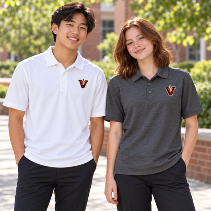 High-school-age boy and girl wearing Vidalia Classic V Polos in white and charcoal