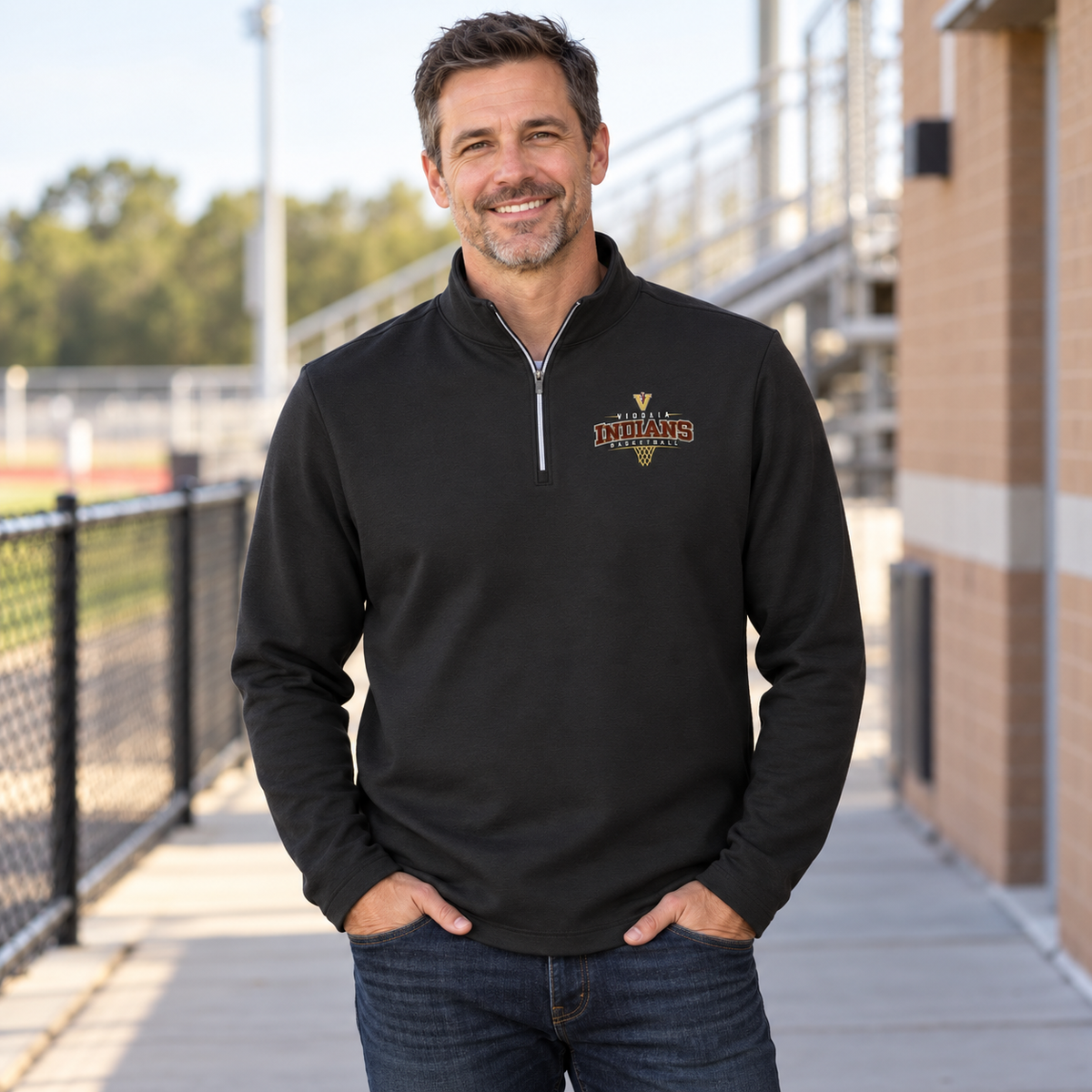Man wearing the Vidalia basketball quarter zip in charcoal