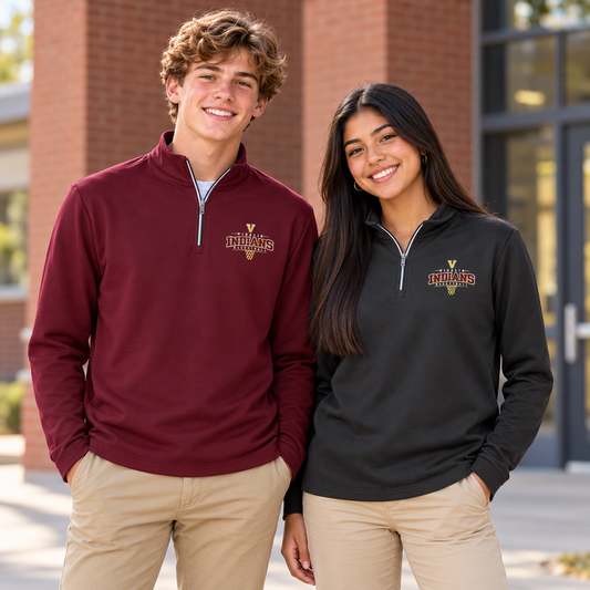High-school-age boy and girl wearing Vidalia Basketball Quarter Zips in maroon and charcoal
