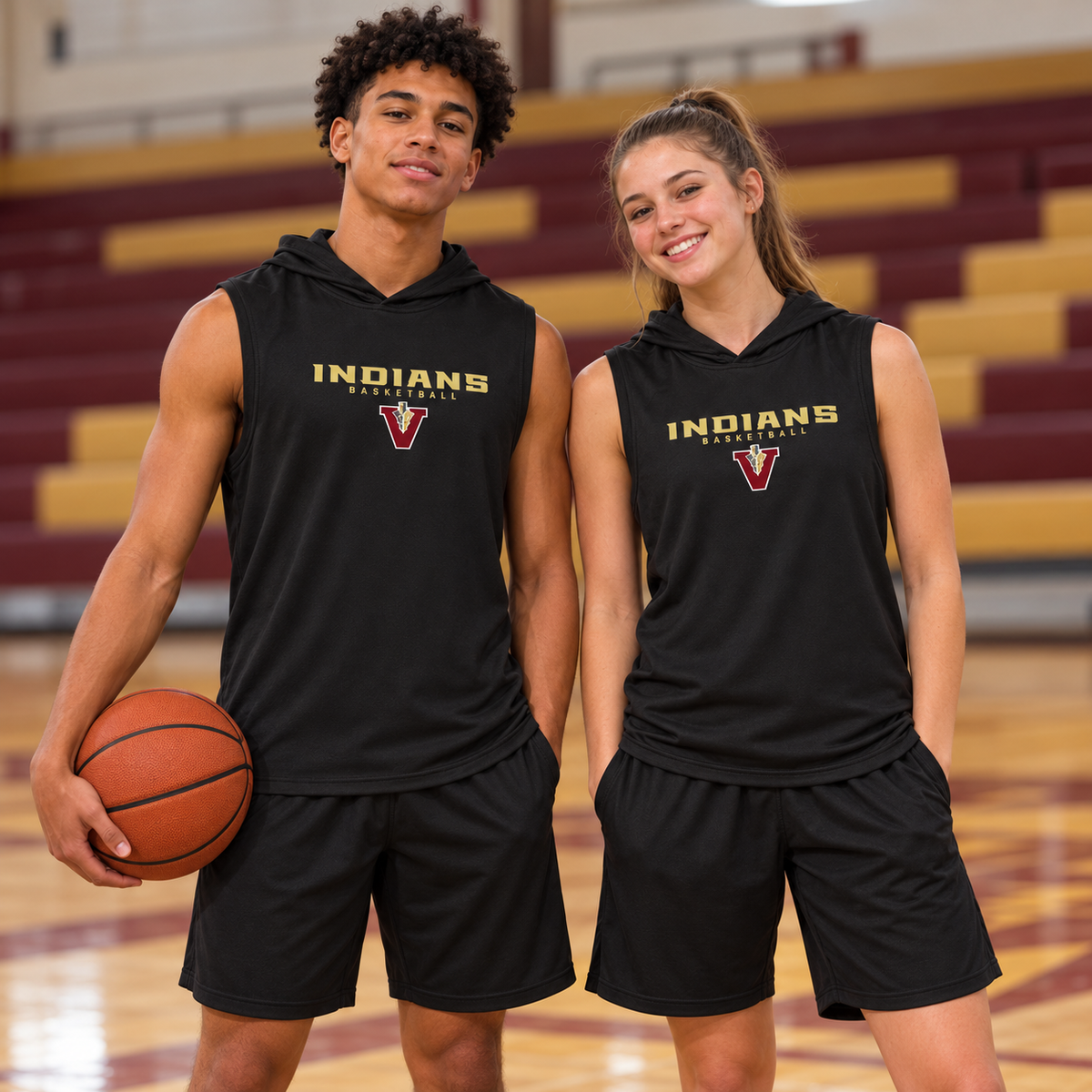High-school-age boy and girl wearing black Vidalia Basketball Shootaround Jerseys