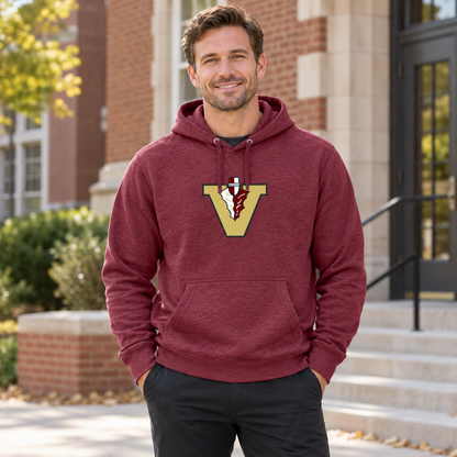 Man wearing the Vidalia V hoodie in maroon