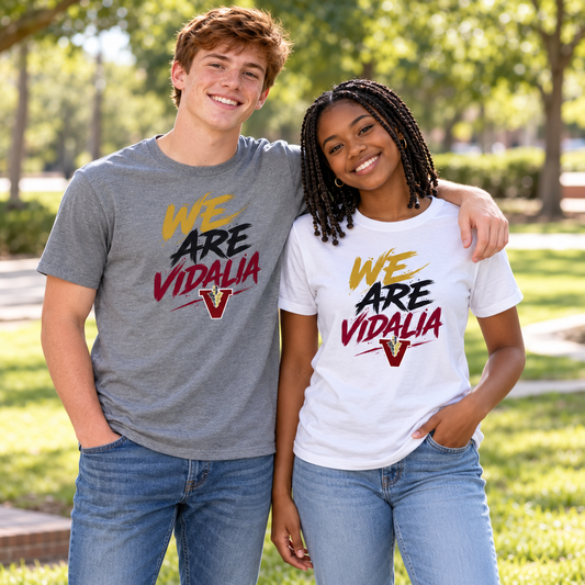 High-school-age boy and girl wearing We Are Vidalia Tees in heather gray and white