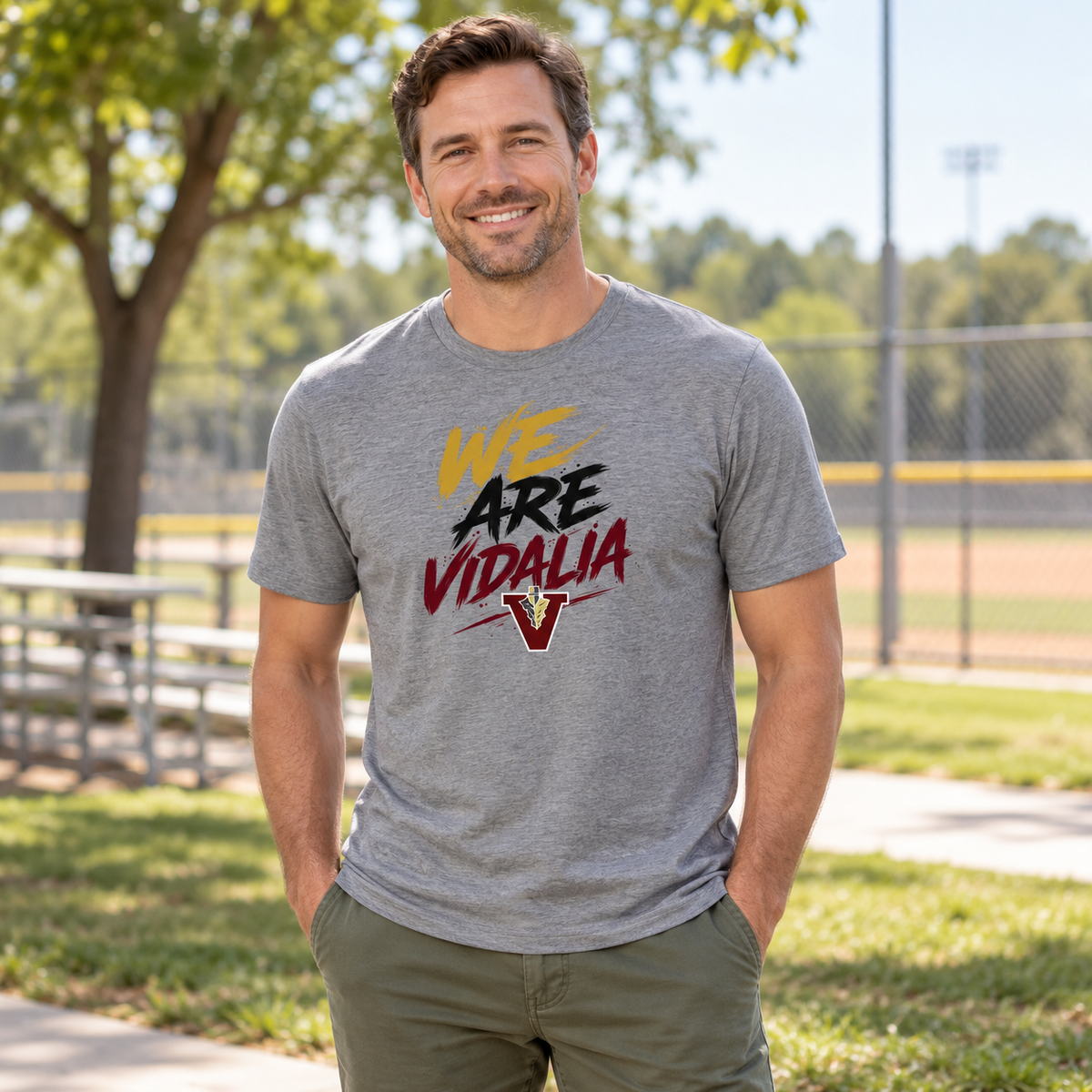 Man wearing the Vidalia we are tee in Heather Gray
