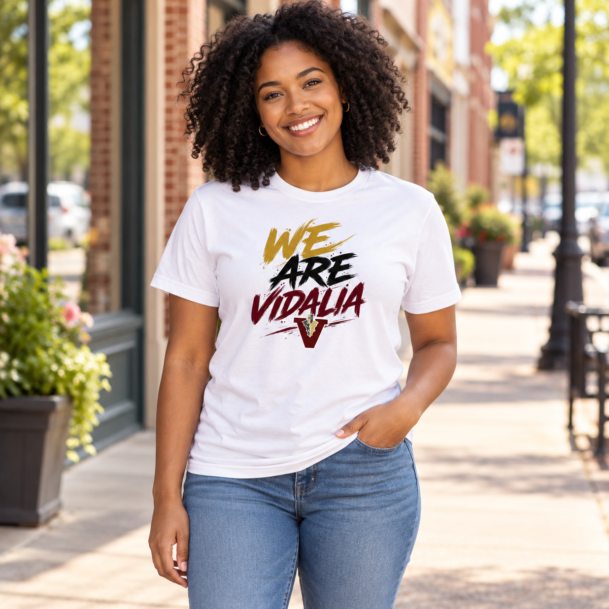 Woman wearing the Vidalia we are tee in white