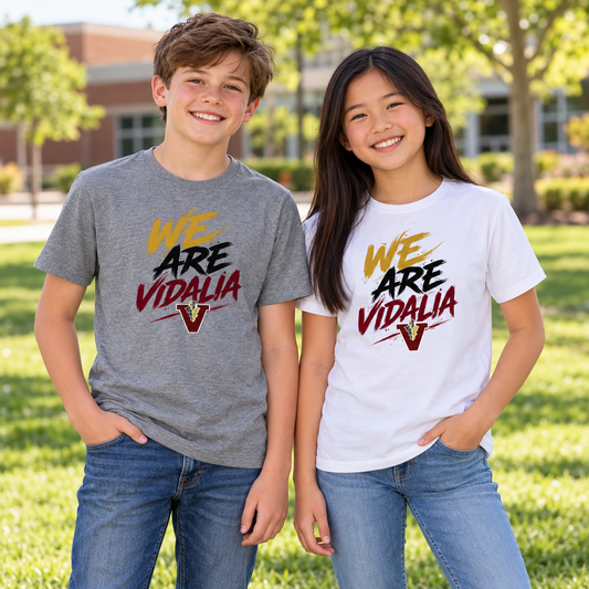 Boy and girl wearing Youth We Are Vidalia Tees in heather gray and white