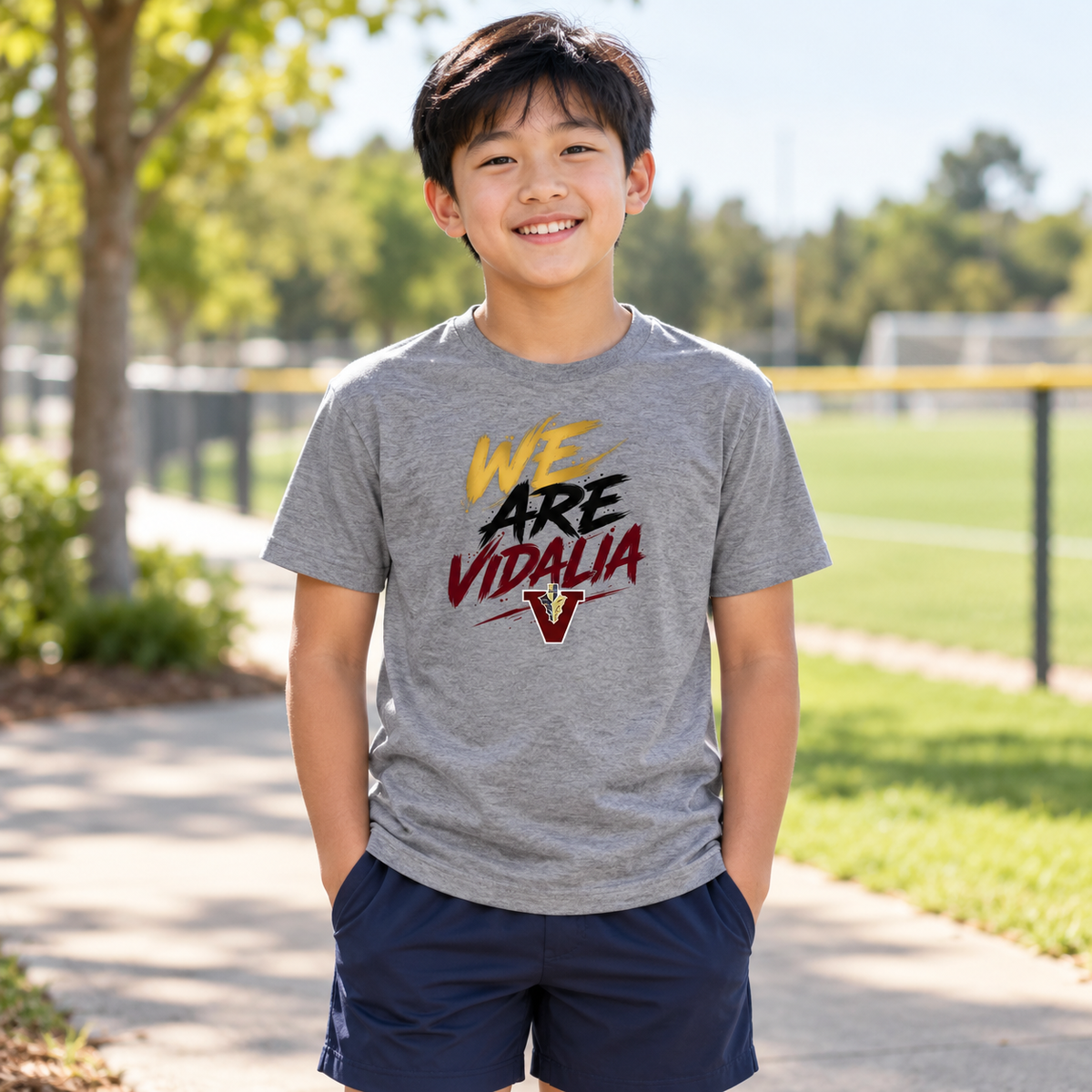 Boy wearing the Vidalia youth we are tee in Heather Gray