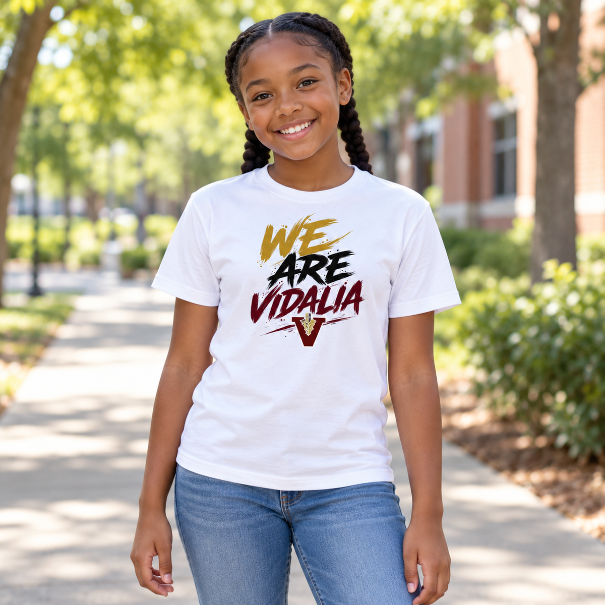 Girl wearing the Vidalia youth we are tee in white