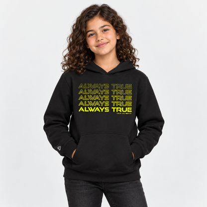 Child model wearing the youth Always True Stacked Hoodie in black with neon yellow print