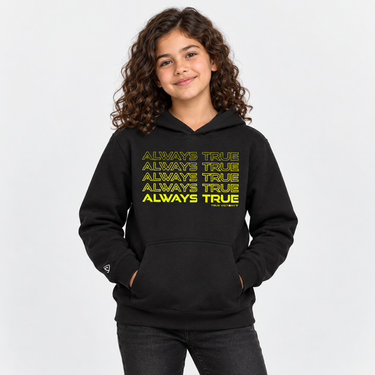 Child model wearing the youth Always True Stacked Hoodie in black with neon yellow print