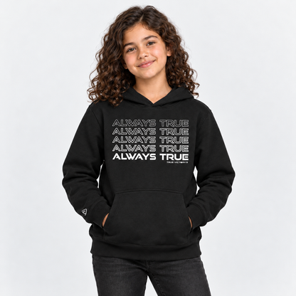 Child model wearing the Youth Always True Stacked Hoodie in black with white print