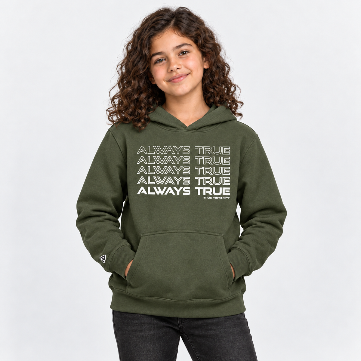 Child model wearing the Youth Always True Stacked Hoodie in military green with white print