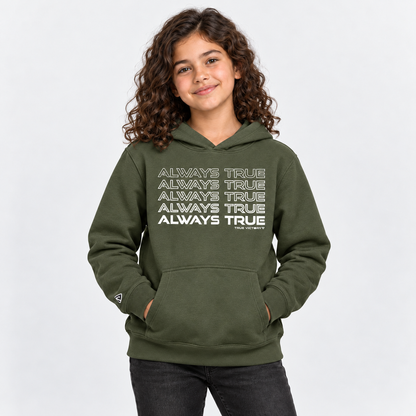 Child model wearing the Youth Always True Stacked Hoodie in military green with white print