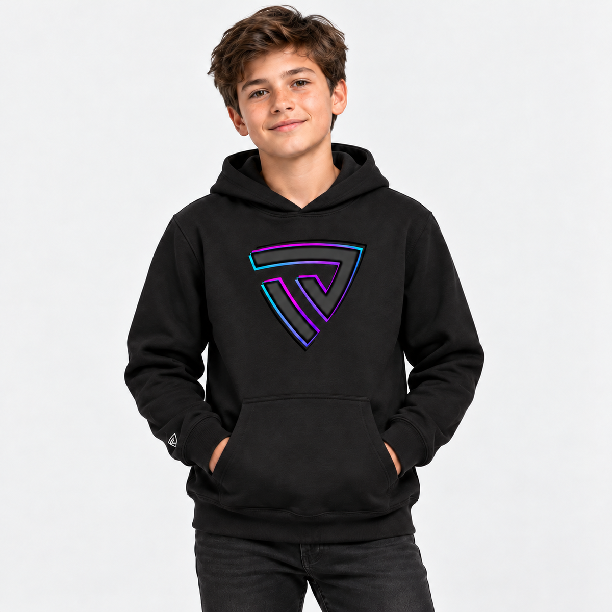 Child model wearing the black Youth Built for Battle Cyber Hoodie with neon pink and blue shield