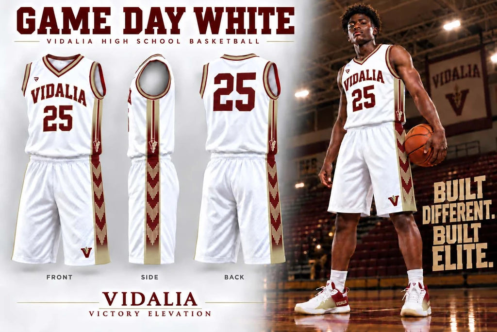 Custom basketball uniform presentation for Vidalia High School, with number 25 in white, maroon and Vegas Gold and the words Built Different. Built Elite.